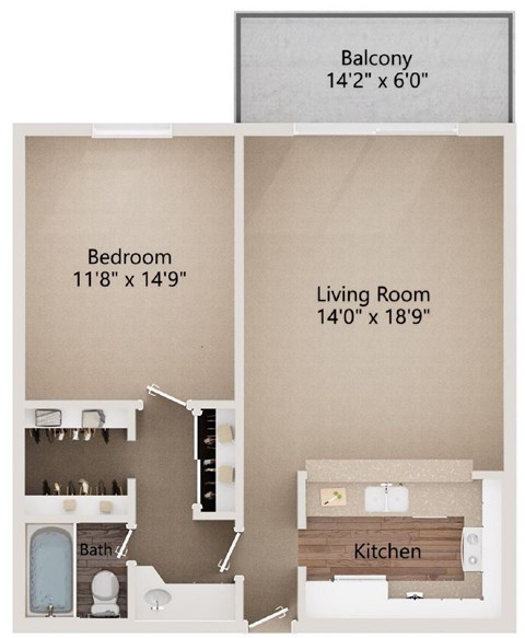 Floor plan for 1 bed, 1 bath, 720 sqft